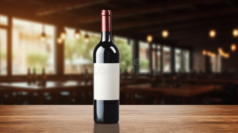 Wine bottle with blank front, realistic on a mockup template in a wooden table in restaurant royalty free stock photo