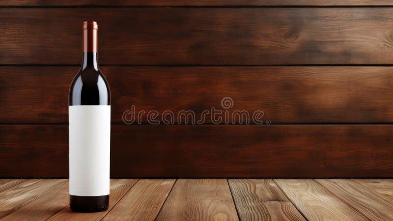 Wine bottle with blank front, realistic on a mockup template in a wooden table in restaurant stock images