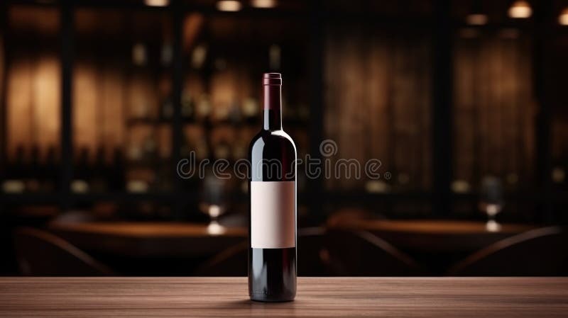 Wine bottle with blank front, realistic on a mockup template in a wooden table in restaurant royalty free stock image
