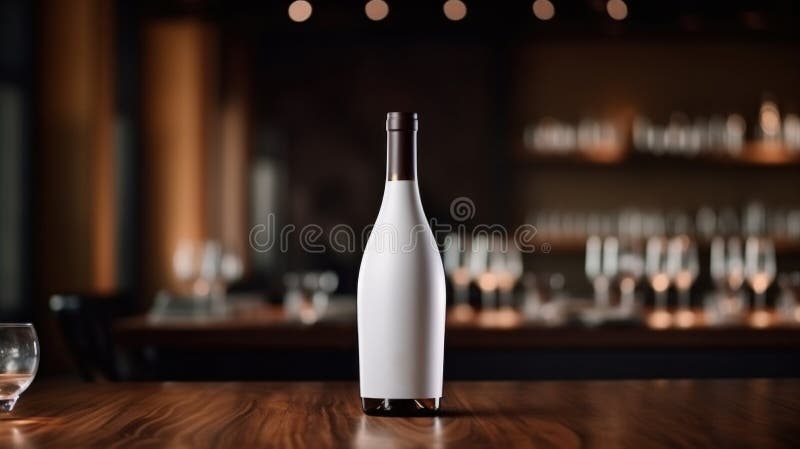 Wine bottle with blank front, realistic on a mockup template in a wooden table in restaurant royalty free stock photos