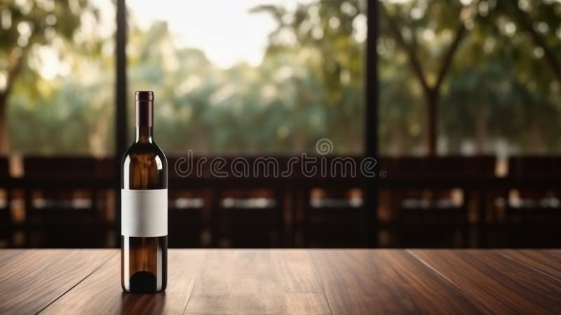 Wine bottle with blank front, realistic on a mockup template in a wooden table in restaurant royalty free stock image