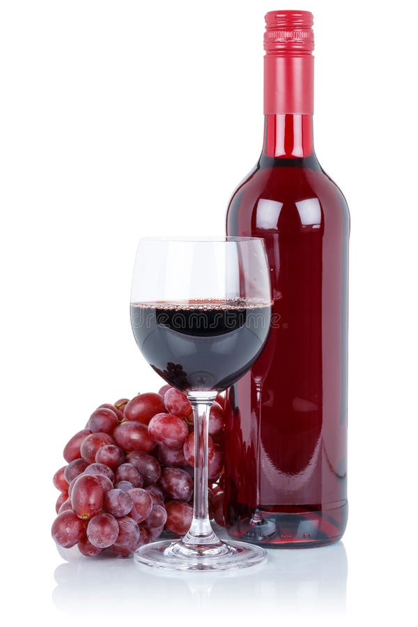 Wine bottle glass alcohol beverage red grapes isolated on white