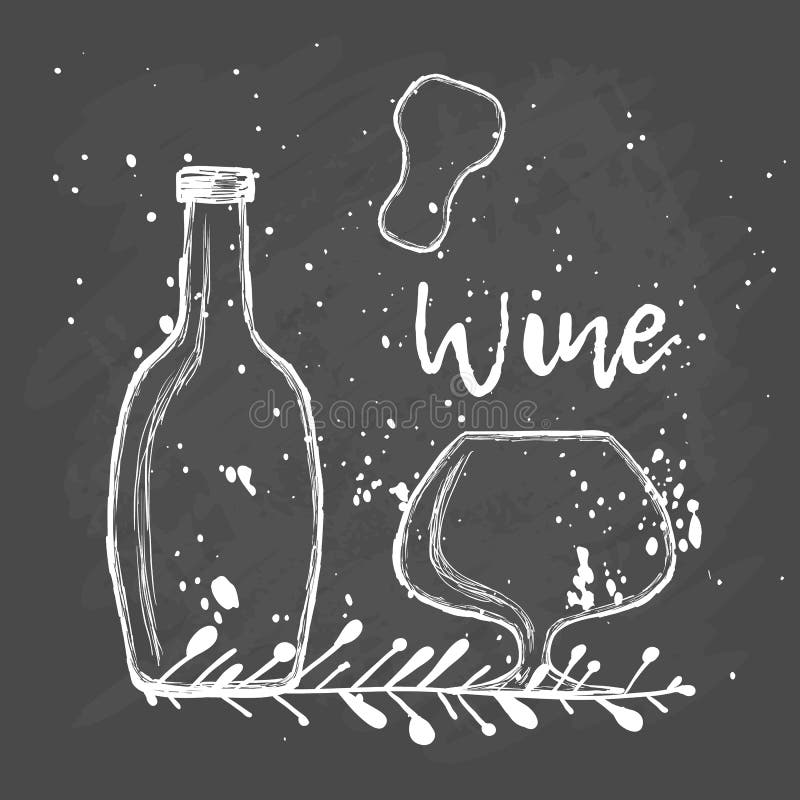 Wine Bottle And Glass With Doodle. Chalk Sketch Stock Vector