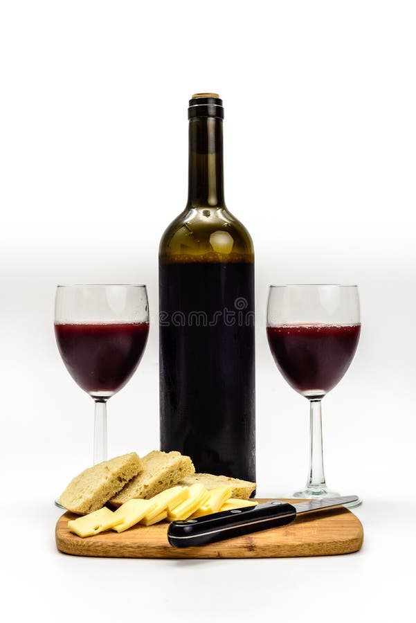 Wine Bottle with Glasses Cheese Bread