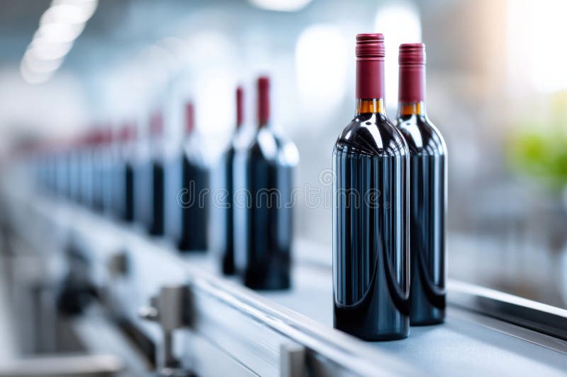 Wine bottles displayed in a modern production facility showcasing the final stages of wine creation royalty free stock photo