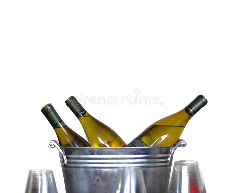 Three wine bottles in a tin bucket isolated on white. Three wine bottles in a tin bucket isolated on white.