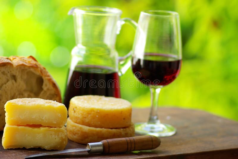 Wine, bread and cheese.