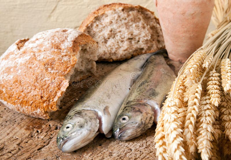 Wine bread and fish stock photography
