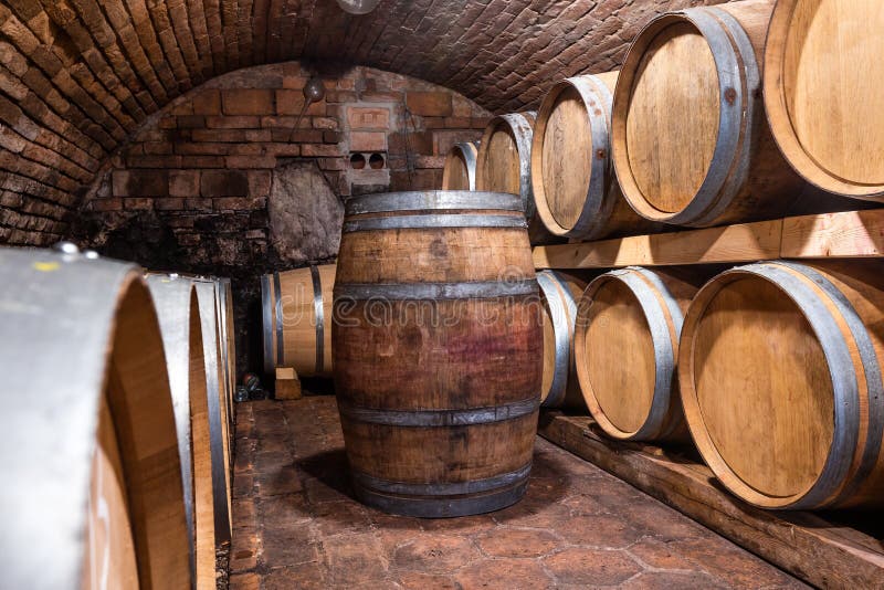 A Wine Cellar Full of Barrels of Wine, Alcohol Concept Stock Image