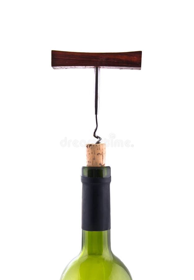 Wine Corkscrew in bottle cork in the neck of the bottle isolated