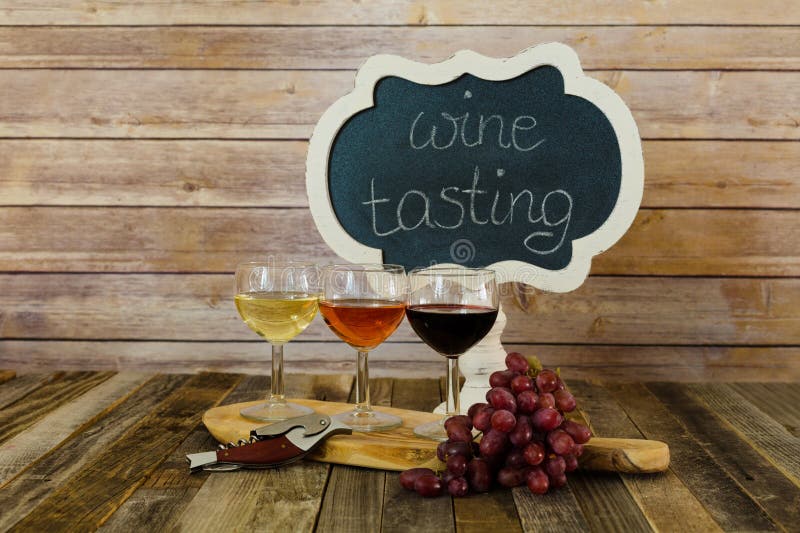 Wine Flight with Chalkboard Sign and Grapes Stock Image Image of