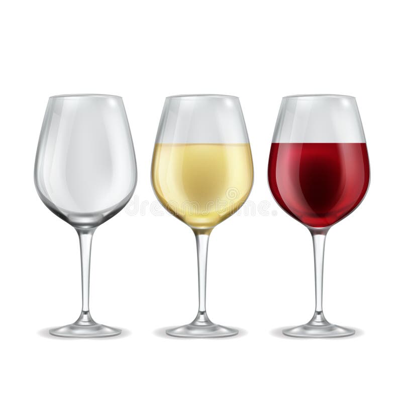 Wine glass. Empty with red or white grape beverage glasses, half filled alcoholic drink in elegant transparent wineglass