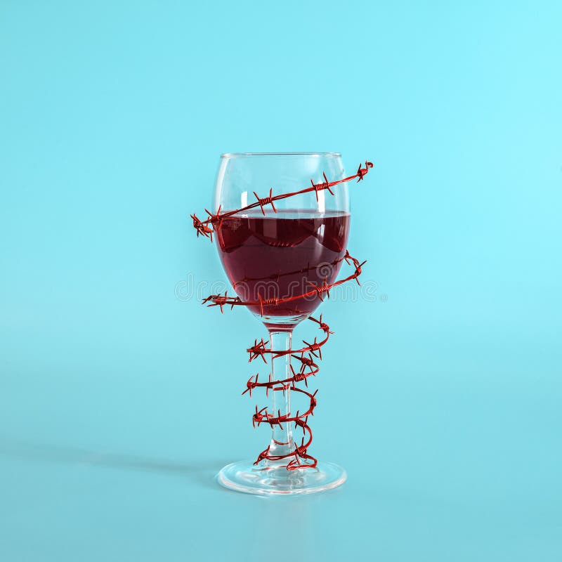 Wine glass with red wine wrapped with barbed wire on blue background. The concept of danger of alcoholism, addiction, refusal of stock photography Wine glass with red wine wrapped with barbed wire on blue background. The concept of danger of alcoholism, addiction, refusal of stock photography