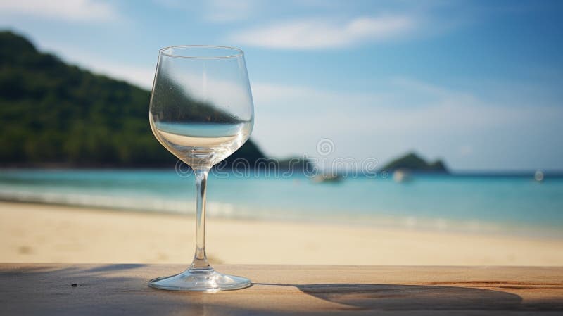 A wine glass on a table near the beach, AI