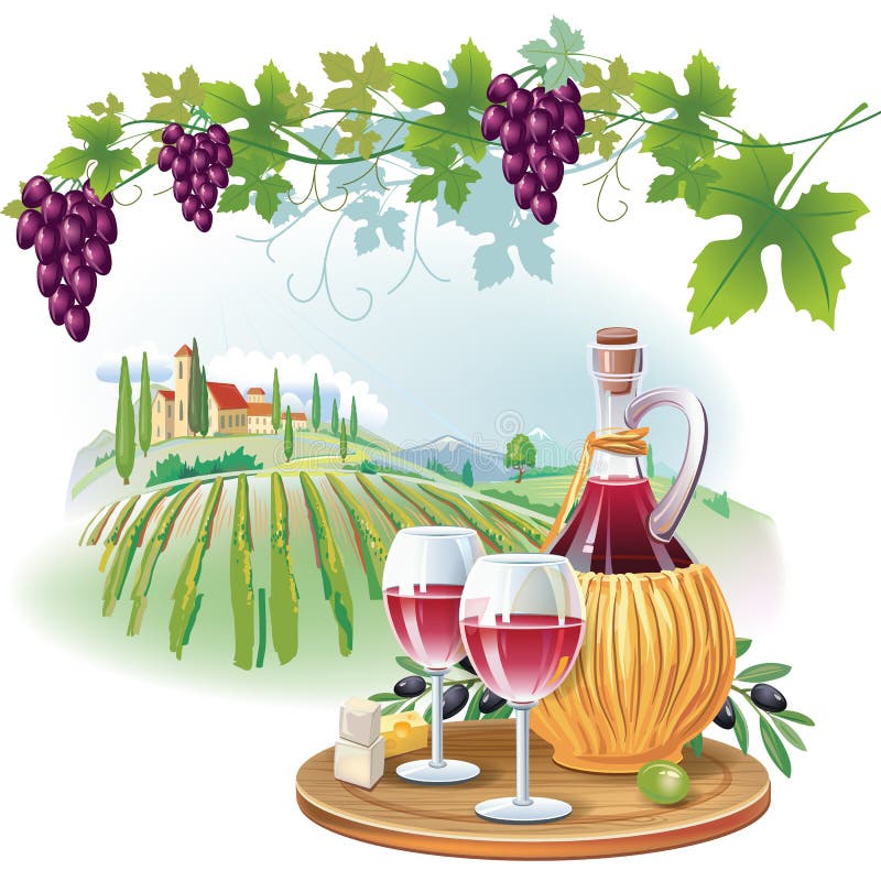 Wine glasses, bottle and grapes in vineyard