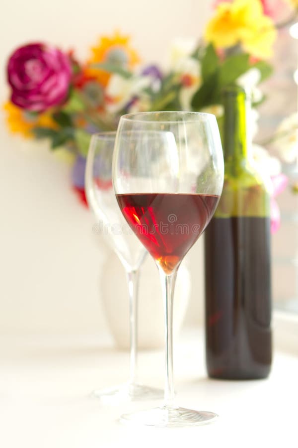 Wine Glasses Filled with Red Wine and Wine Bottle Stock Image Image
