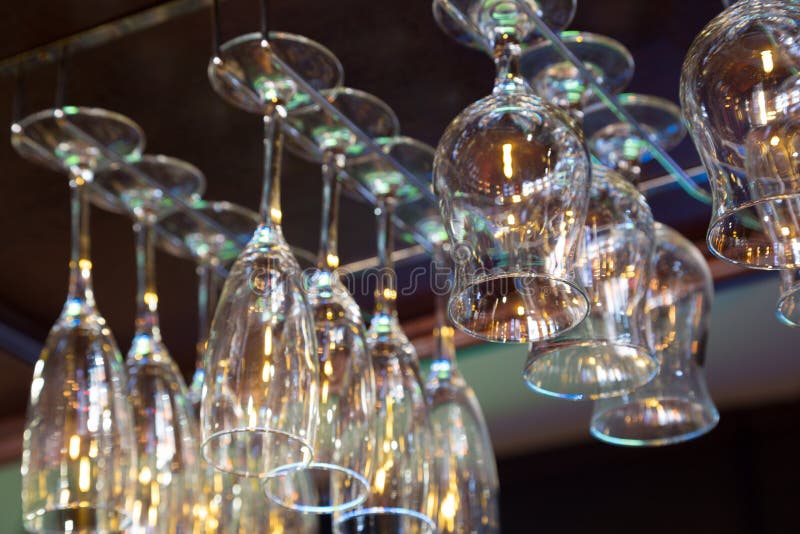 Glasses Hanging Above the Counter in the Bar Stock Image Image of