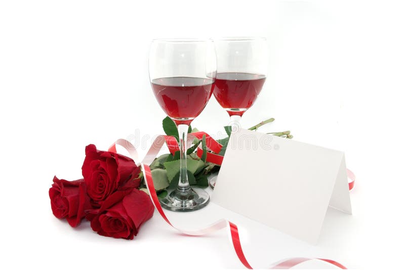 Wine in glasses, red roses, ribbon and empty card for a message royalty free stock image Wine in glasses, red roses, ribbon and empty card for a message royalty free stock image