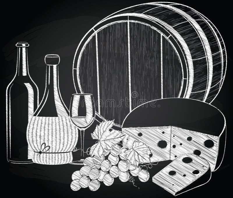Wine, Grape, and Cheese on the Chalkboard Stock Vector Illustration of chalkboard, draw 68444180