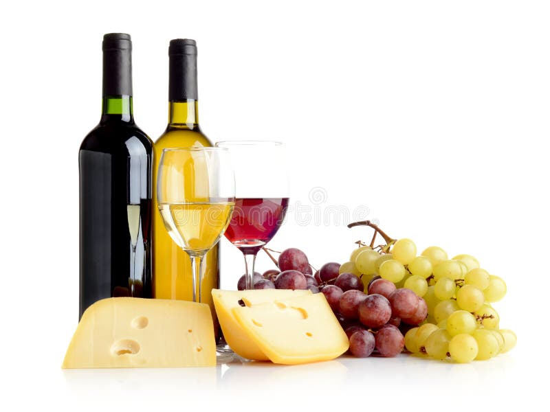 Wine, grapes, cheese isolated on white