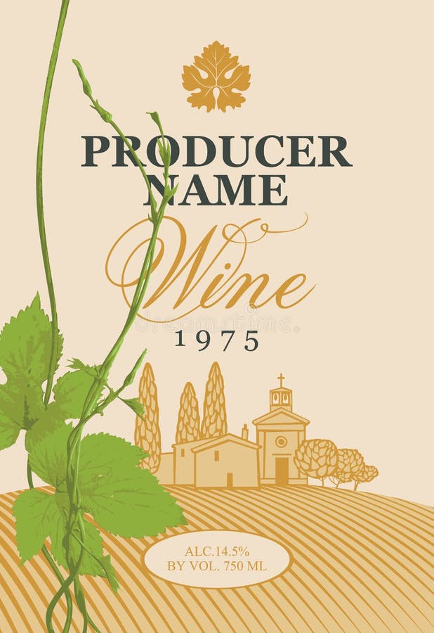 Wine label with the landscape and green grapevine