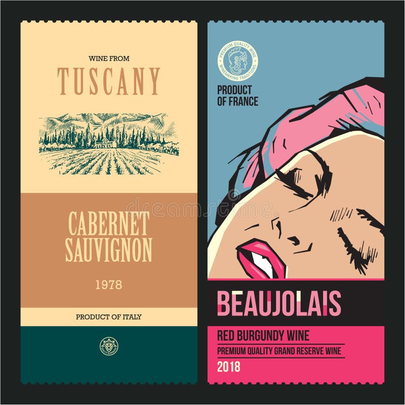 Wine Labels. Drawing Vineyard. Modern Wine Labels Design Template. Pop Art Woman. Stock Vector