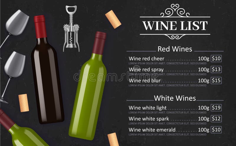Wine list vector menu of alcohol drinks stock illustration