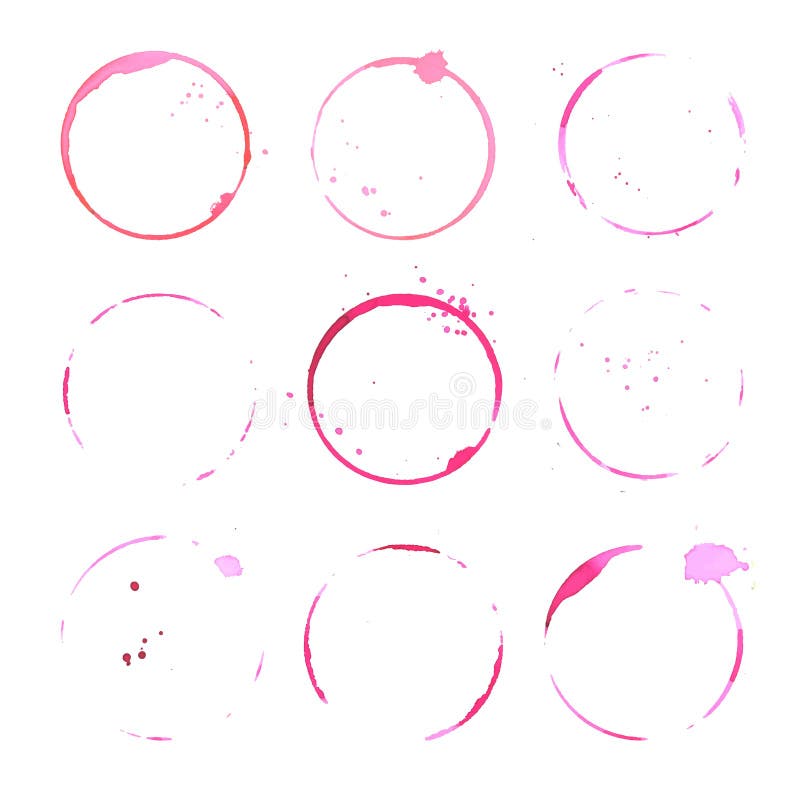 Wine round stains and blots. Set of vector red glass traces.