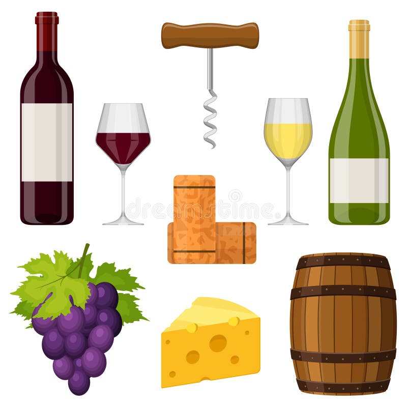 Wine set vector design elements on white background. Wine bottle, wine glass, cheese, corkscrew, cork, grape and barrel