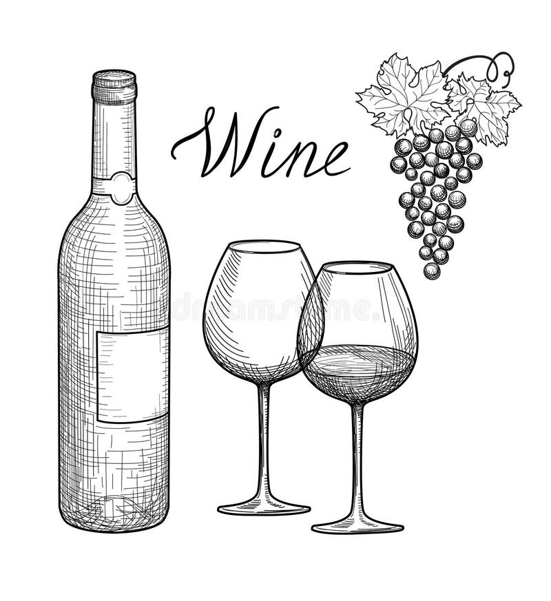 Wine set. Wine glass, bottle, grape branch, handwritten lettering