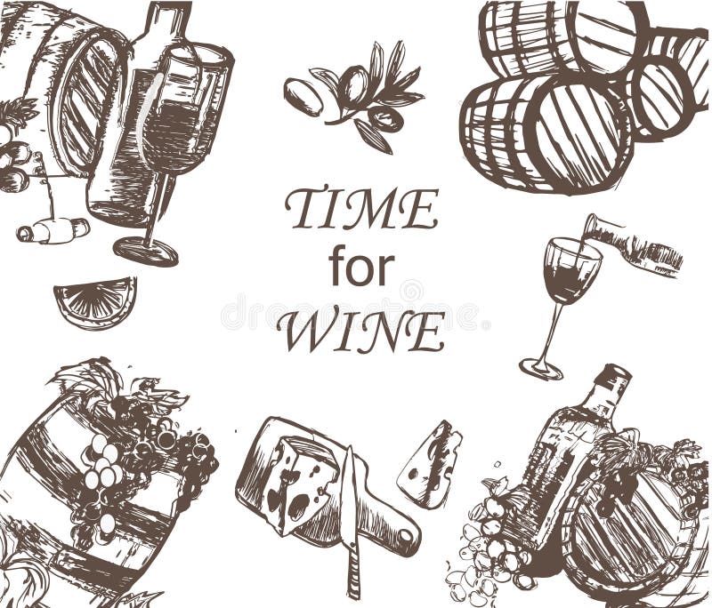 Wine sketch hand drawn set