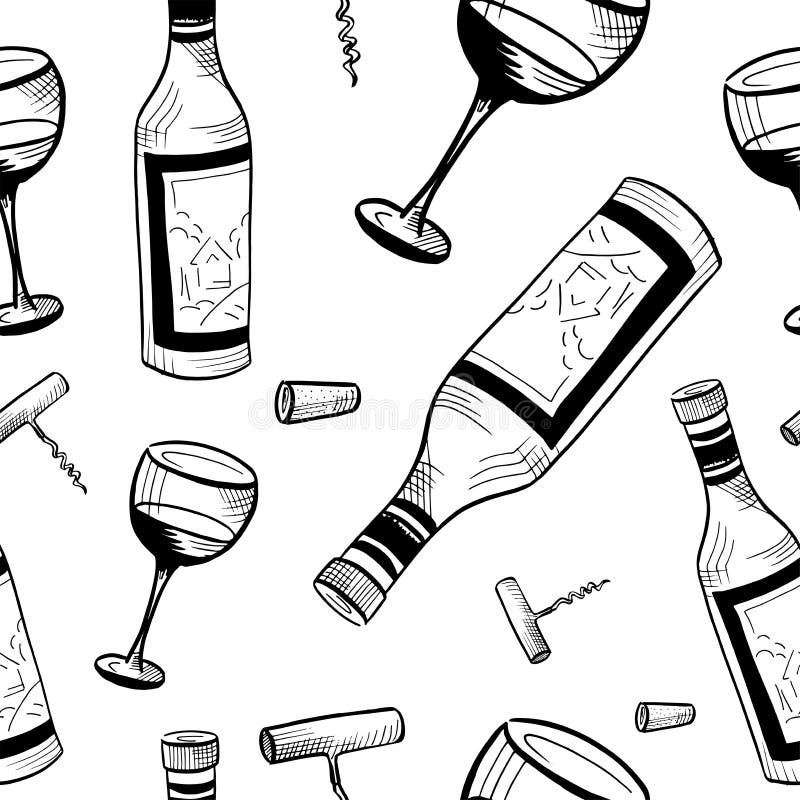 Wine Sketch Pattern. Hand Drawn Black Wine Bottles, Glasses and ...