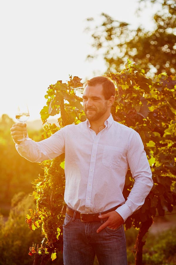 Tasting of White Grand Cru Classe Chablis Wine with Old French Houses on Background, Burgundy