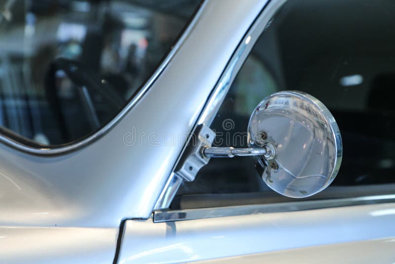 Classic Chrome Car Wing Mirror. Stock Photo Image of blue