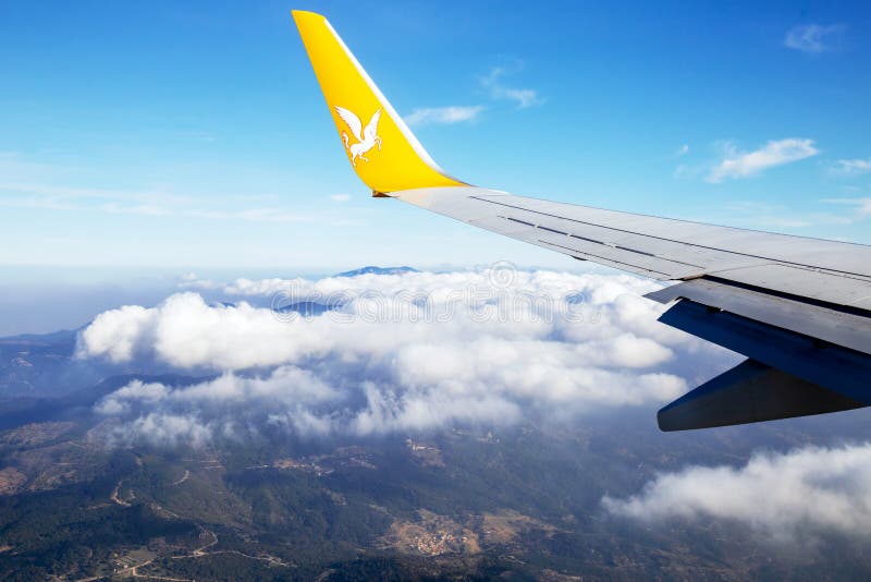 wing of pegasus airlines plane flying over izmir editorial photo image of journey tail 138973686