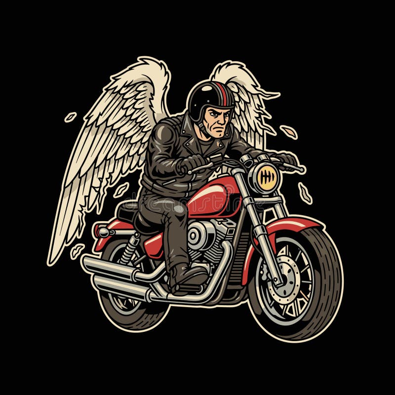This striking vector illustration features a formidable biker, dressed in a classic black leather jacket and helmet, confidently riding a powerful red cruiser motorcycle. A unique and symbolic element is the pair of large, majestic white angel wings extending from his back, blending the raw power of biker culture with themes of freedom, protection, or spiritual journey. The artwork is presented in a bold, vintage comic book style against a stark black background, making it perfect for custom apparel, posters, logos, or designs seeking a distinctive blend of rebellion and mythical grace. Angel rider vectors