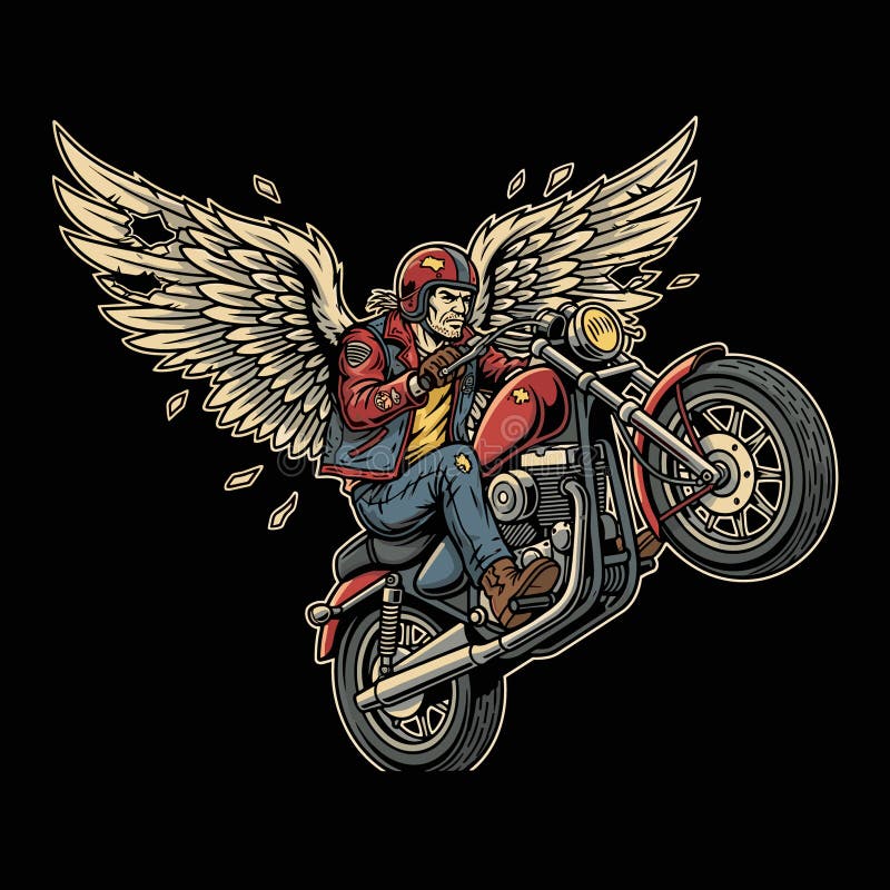 A stylized, retro-inspired illustration depicts a rugged biker with large, feathered wings emerging from his back. He's wearing a red helmet, denim jeans, and a blue and red jacket, riding a classic motorcycle that is performing a wheelie. The artwork features bold outlines and a limited color palette against a stark black background, evoking a sense of freedom, rebellion, and power. Angel rider vectors