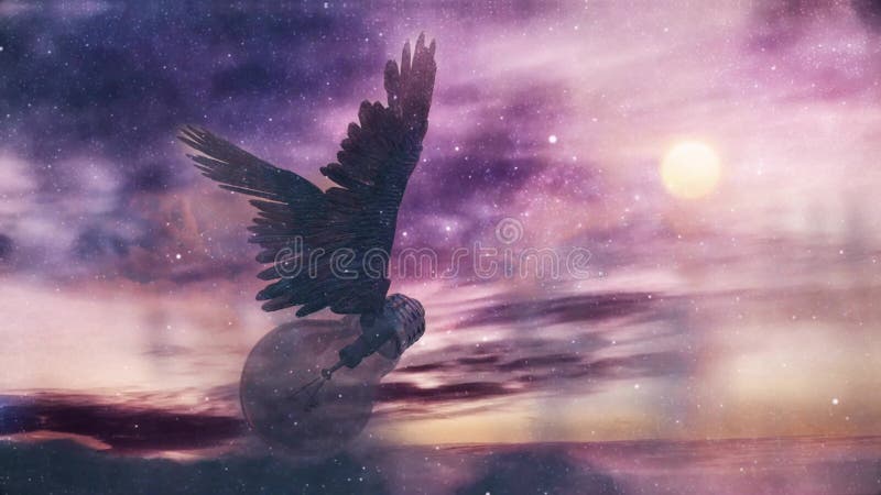 Winged ideas. Flying light bulb in cloudy sky stock illustration