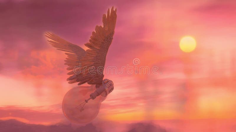 Winged light bulb in misty sky vector illustration