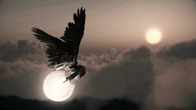 Winged light bulb in misty sky stock illustration