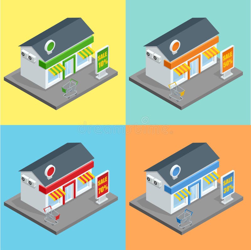 Winkel, supermarktbuitenkant Winkelsopslag en van supermarktgebouwen vlakke decoratieve pictogrammen geplaatst geïsoleerde 3d vec vector illustratie Winkel, supermarktbuitenkant Winkelsopslag en van supermarktgebouwen vlakke decoratieve pictogrammen geplaatst geïsoleerde 3d vec vector illustratie