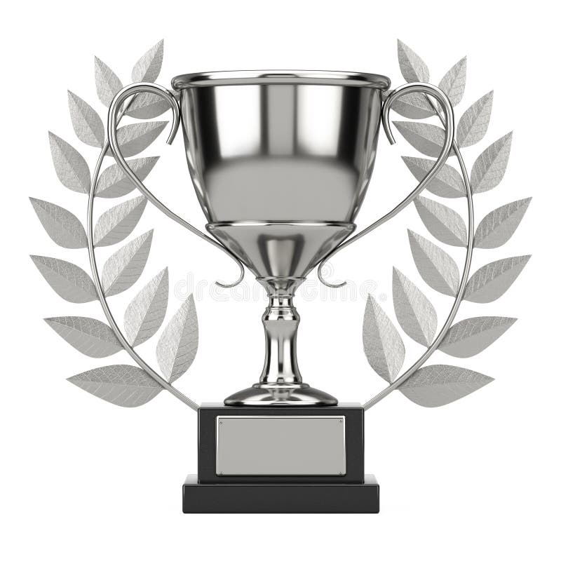 Winner Award Cube Silver Laurel Wreath Podium, Stage or Pedestal with Silver Award Trophy. 3d Rendering stock photo
