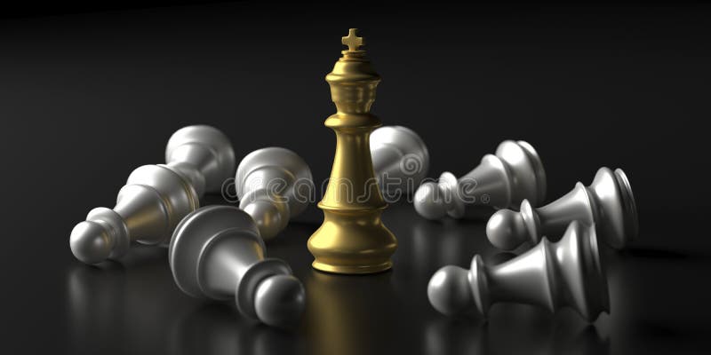 Gold king chess piece win over lying down pawn on black background