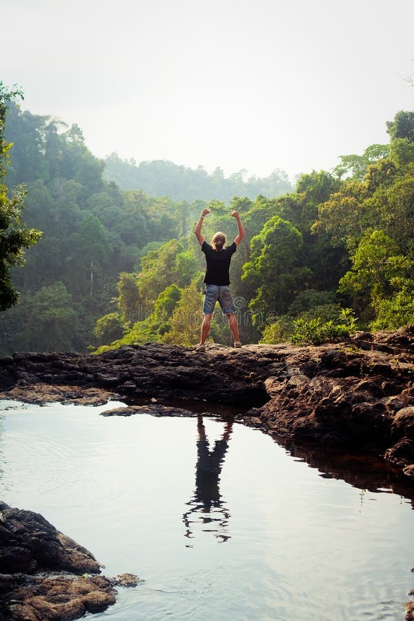 Winner Near Waterfall. Active Life Concept Stock Photo - Image of ...