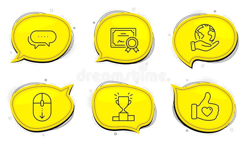 Winner podium, Scroll down and Like hand icons set. Dots message sign. Vector vector illustration