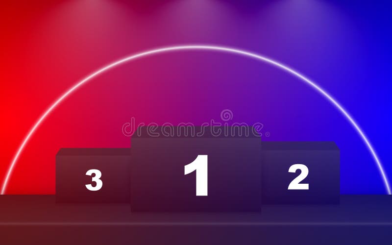 A winner\'s podium with three stands. Stage 1, 2, and 3 winners\' podiums. A winner\'s podium with spotlights royalty free illustration