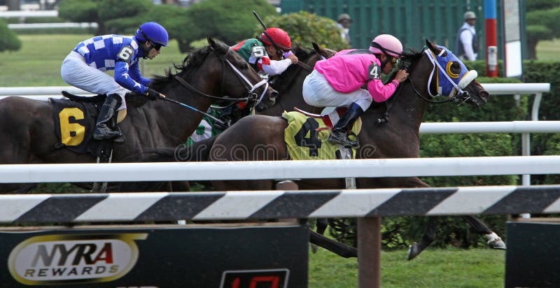 SARATOGA SPRINGS - SEPT 1: Sam's Buck crosses the Finish to win a claiming race under jockey Cornelio Velasquez at Saratoga Race Course on Sept 1, 2012 in Saratoga Springs, NY. SARATOGA SPRINGS - SEPT 1: Sam's Buck crosses the Finish to win a claiming race under jockey Cornelio Velasquez at Saratoga Race Course on Sept 1, 2012 in Saratoga Springs, NY.