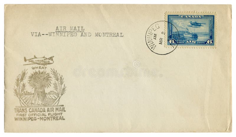 Winnipeg, Montreal, Kanada - 2. März 1939: kanadischer historischer Umschlag: Abdeckung mit erstem Beamtem f der Luftpost Gütesie stockfotos Winnipeg, Montreal, Kanada - 2. März 1939: kanadischer historischer Umschlag: Abdeckung mit erstem Beamtem f der Luftpost Gütesie stockfotos