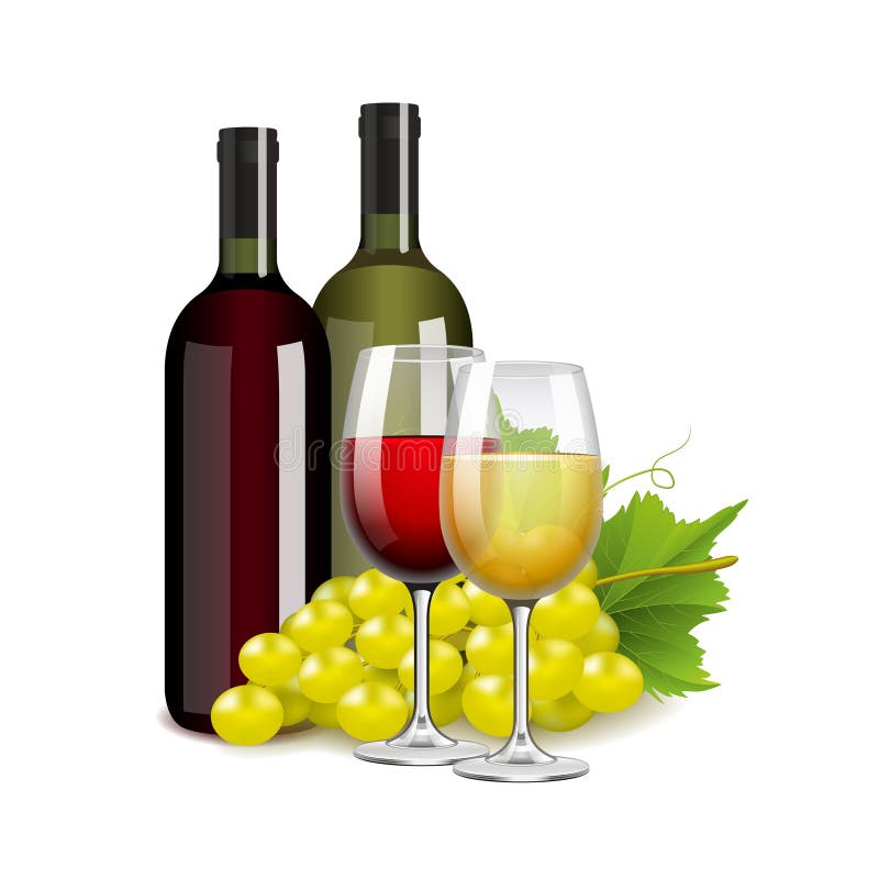Wino butelek winogrona na białym wektorze i szkła royalty ilustracja Wino butelek winogrona na białym wektorze i szkła royalty ilustracja