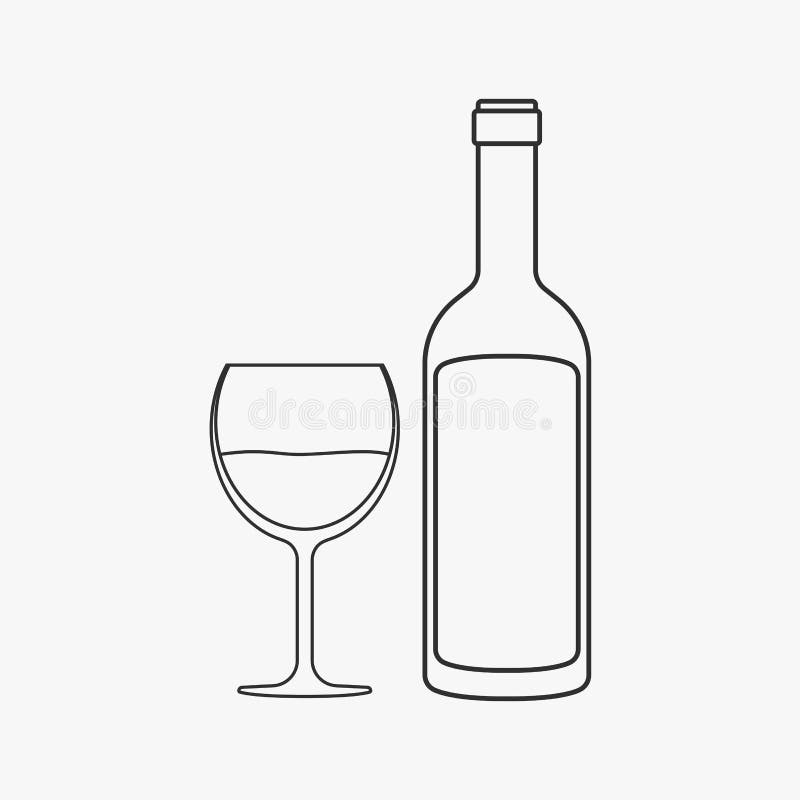 Wino butelka & szklana płaskiego czerni konturu projekta ikona